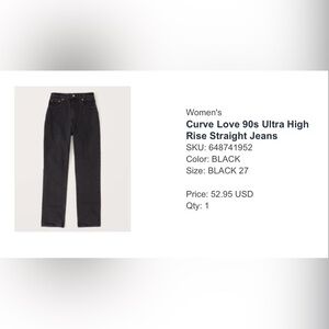 Abercrombie Curve Love 90s Ultra High Rise Straight Jeans, Black, Size 27